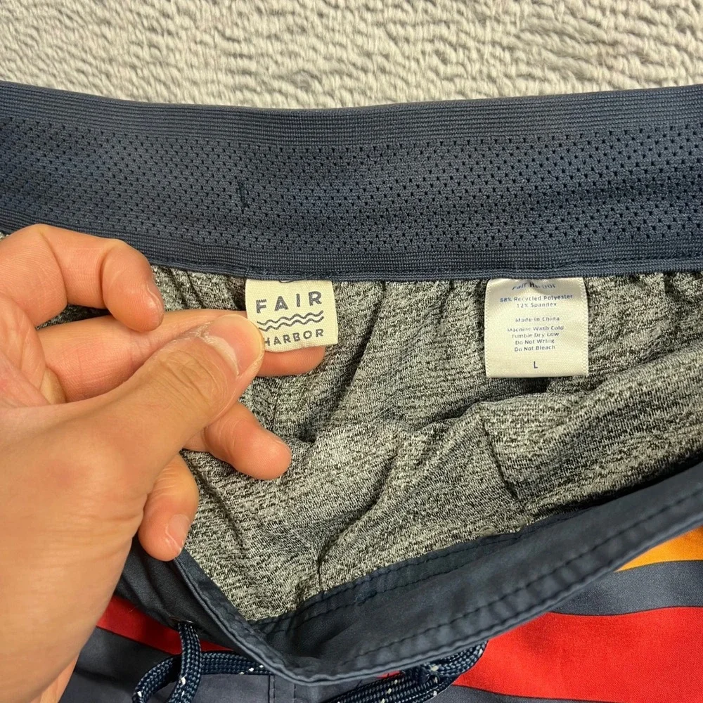 Fair Harbor Mens Navy Blue Striped Board Shorts Swim Trunks Size L Retro Stretch